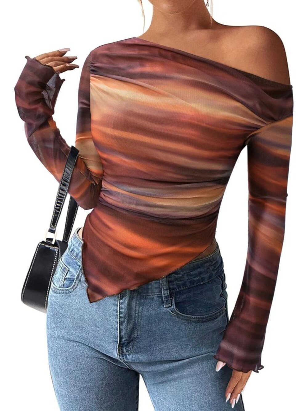 Womens Fall Trendy Off Shoulder Y2k Tops 2026 Tie Dye Mesh Long Sleeve Shirts As